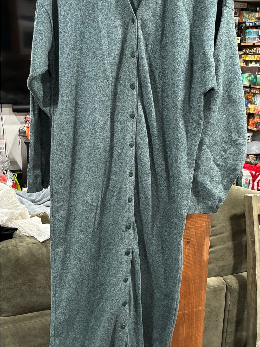 Long Button-Up Sweater in Dusty Teal